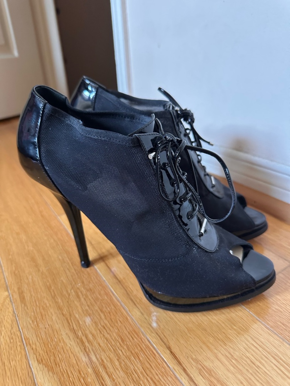 Christian Dior black patent leather mesh peep toe lace up ankle heels